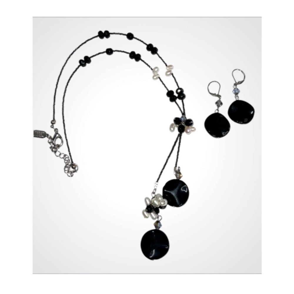 Black Agate-Freshwater Pearls-Crystals Lariat Necklace & Earrings